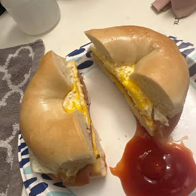 Egg, Meat & Cheese on a bagel.