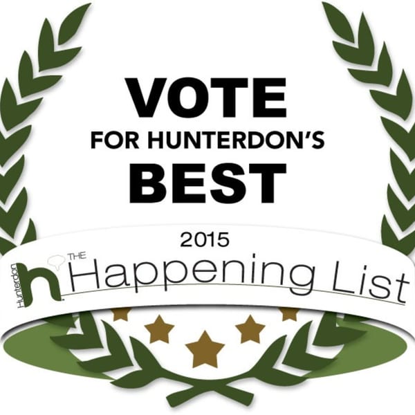 A white and green laurel wreath with text: "Vote for Hunterdon's Best 2015 The Happening List".