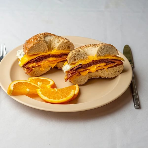Two sesame bagels with egg, cheese, and bacon, served with orange slices on a plate.
