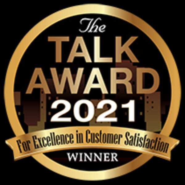 Gold and black award logo for The Talk Award 2021 for Excellence in Customer Satisfaction.