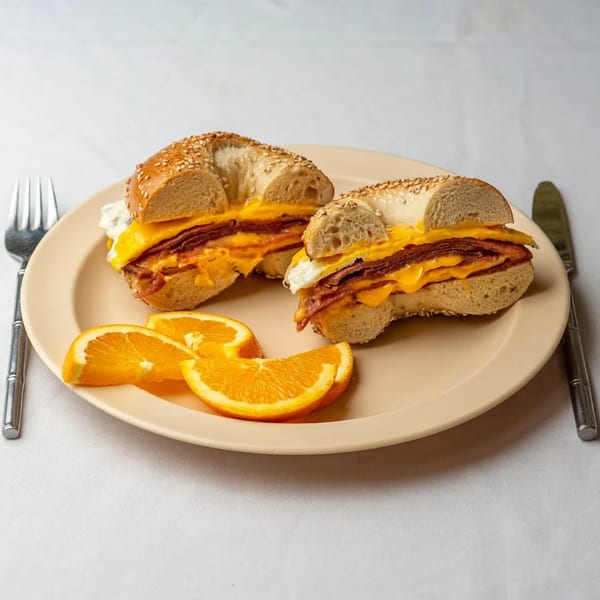 Two sesame bagels with egg, cheese, and bacon, served with orange slices on a beige plate.